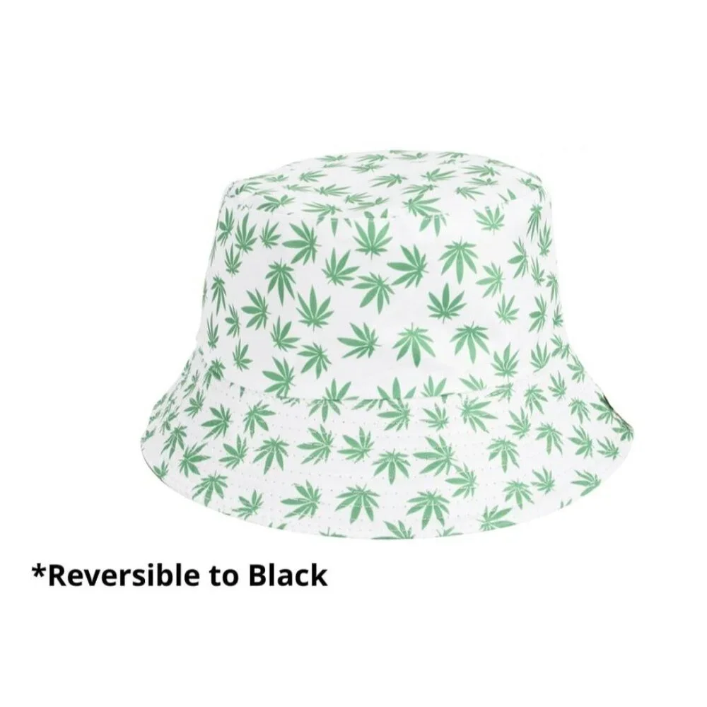 New White Pot Leaf Marijuana Bucket Hat Adult One Size Weed Green Reversible NWT - Picture 1 of 2